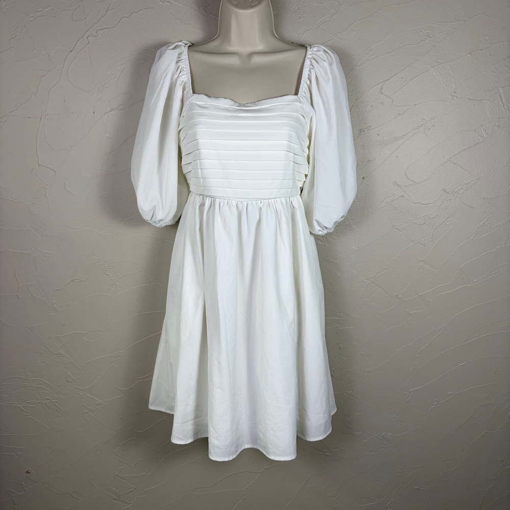 White Smocked Peasant Dress Mini‎ Medium Puff Sleeve Pleated Smocked Romantic